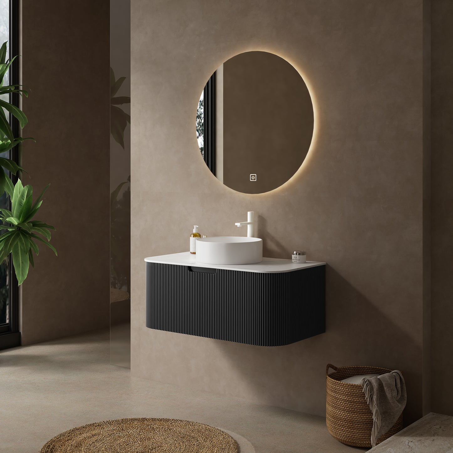 DINA Bathroom Vanity with Sink, Wall-Mounted Curved Edges Striped Storage Cabinet Black Color