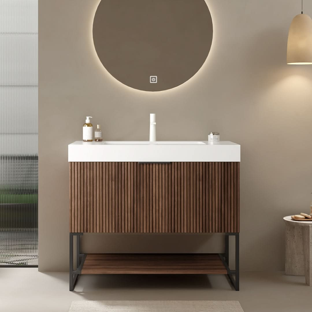 YOLAN Bathroom Vanity with Sink, Freestanding Plywood Striped Storage Cabinet