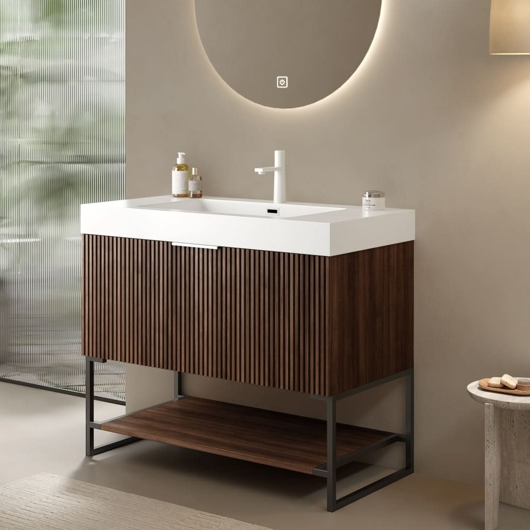 YOLAN Bathroom Vanity with Sink, Freestanding Plywood Striped Storage Cabinet