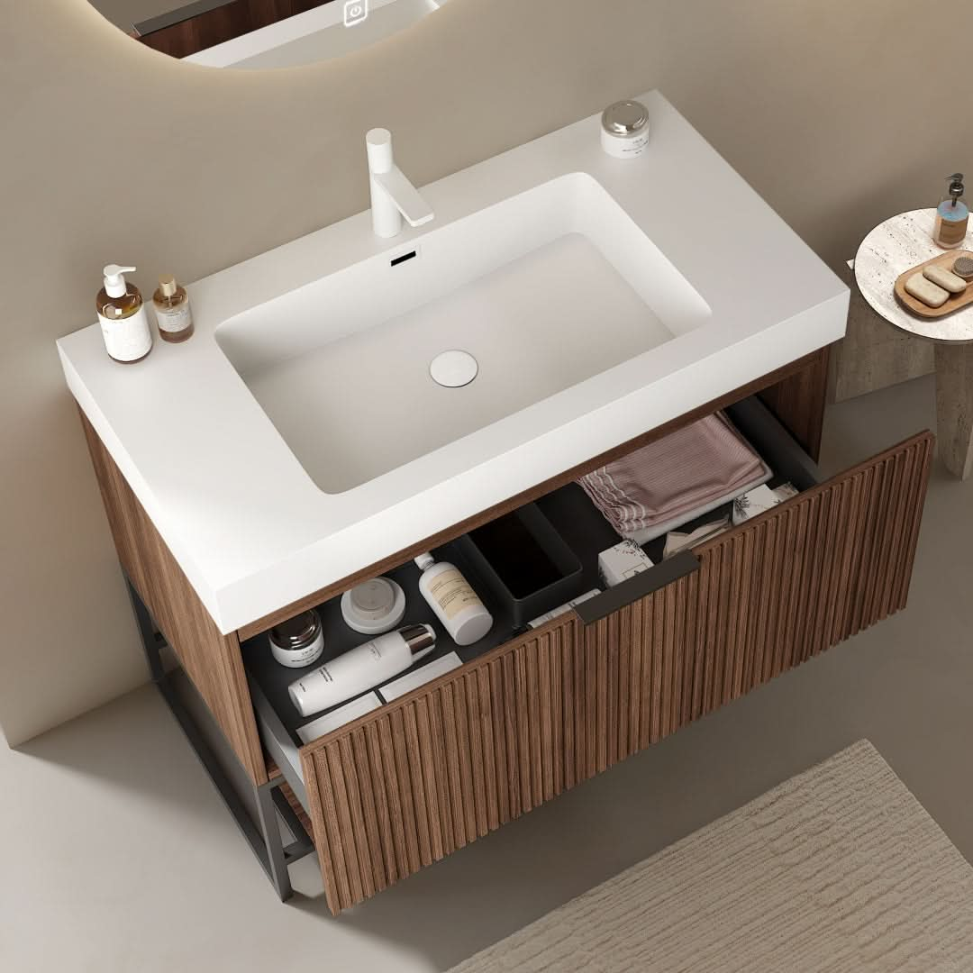 YOLAN Bathroom Vanity with Sink, Freestanding Plywood Striped Storage Cabinet