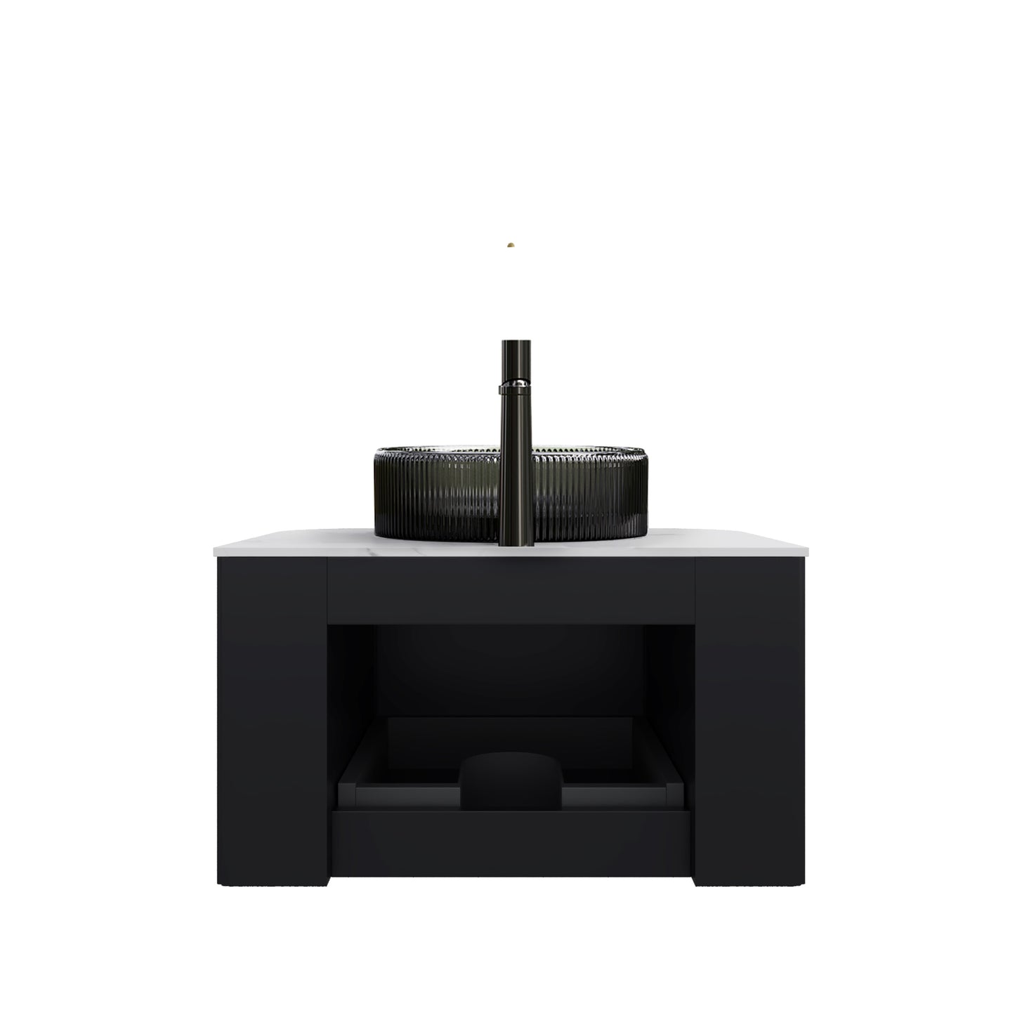 DINA 24" Bathroom Vanity with Sink, Wall-Mounted Curved Edges Striped Storage Cabinet with Drawer, Transparent Black Round Glass Basin and Countertop, Pre-assembled, Black Color