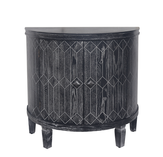 Contemporary Elegance: Black Half-moon Accent Storage Cabinet with Solid Wood Veneer. This statement piece, perfect for living spaces, features two-tiered organization with a modern touch and convenient access.