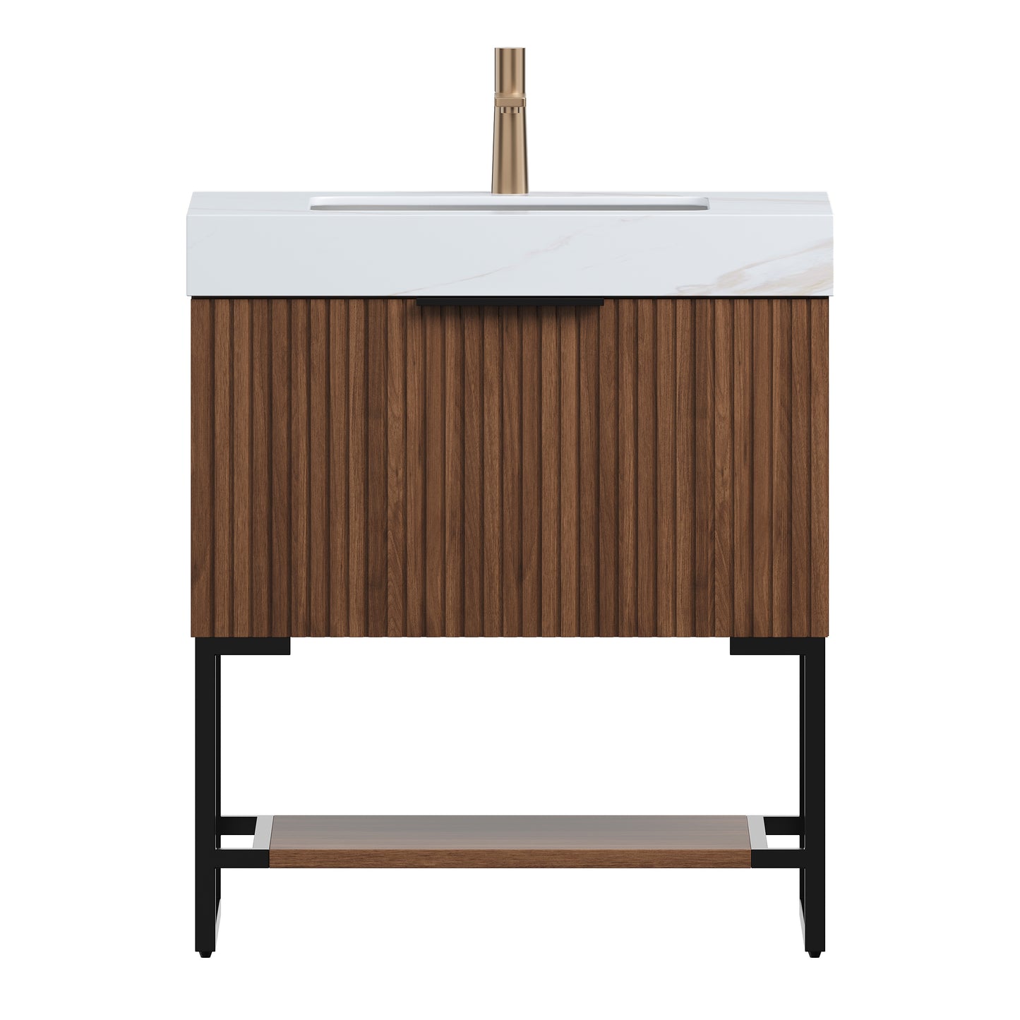 YOLAN 30" Bathroom Vanity&Sink, Freestanding Striped Plywood Storage Cabinet with Drawer&Open Shelf, Roma Travertine Sintered Stone Top&Undermount Ceramic Basin, Pre-assembled, Dark Walnut Woodgrain