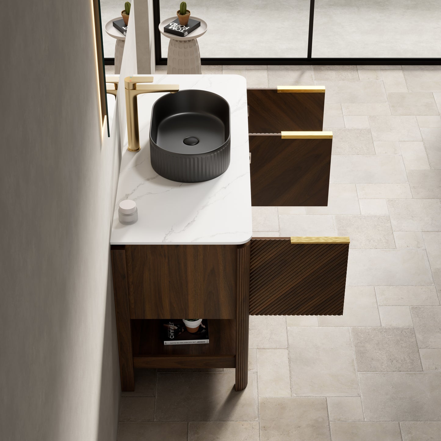 INDIGO 36" Bathroom Vanity&Sink, Freestanding Plywood Storage Cabinet with 2 Diagonal Striped Doors&Open Shelf, Black Striped Oval Ceramic Basin&Carrara White Sintered Stone Top, Dark Walnut Woodgrain