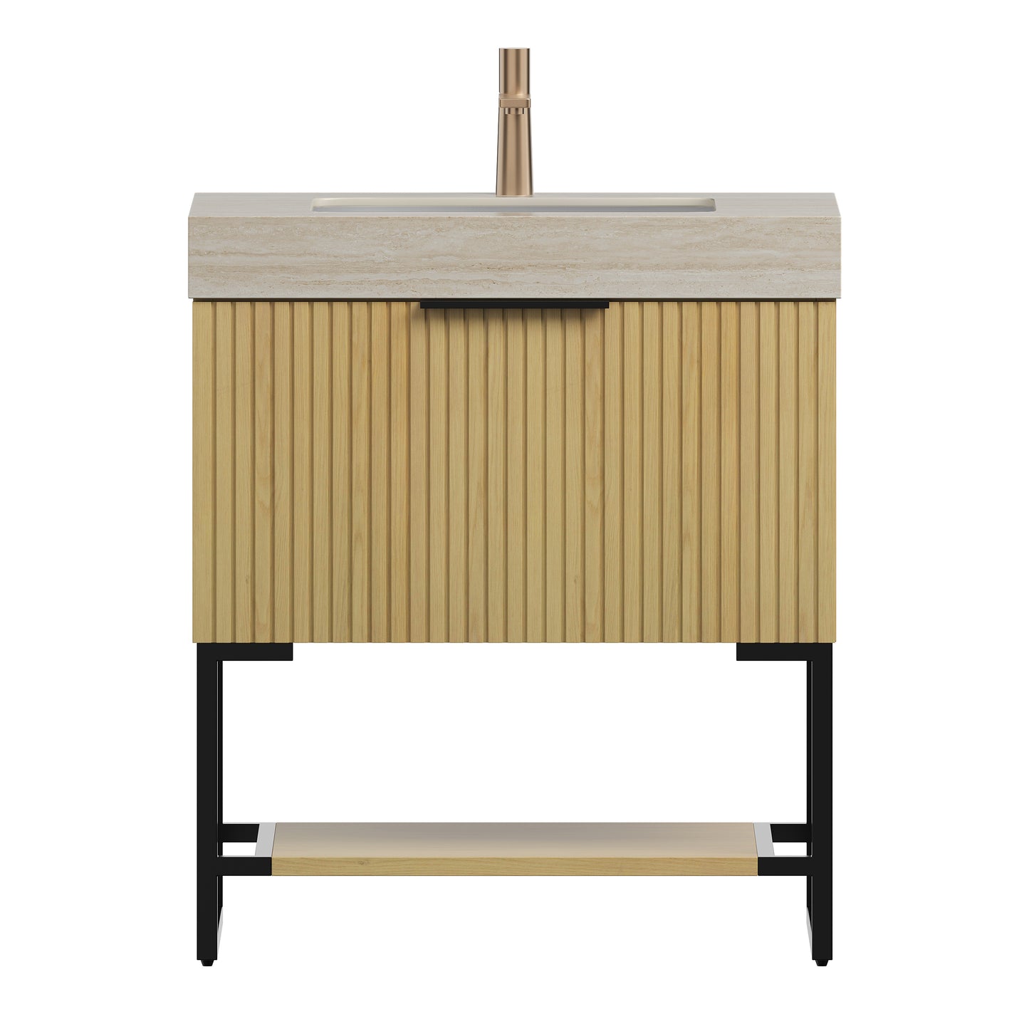 YOLAN 30" Bathroom Vanity&Sink, Freestanding Striped Plywood Storage Cabinet with Drawer&Open Shelf, Roma Travertine Sintered Stone Top&Undermount Ceramic Basin, Pre-assembled, Dark Walnut Woodgrain