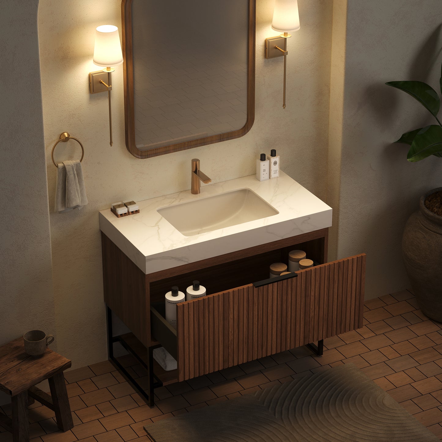 YOLAN 36" Badezimmer-Waschtisch und Waschbecken, freistehender gestreifter Sperrholz-Aufbewahrungsschrank mit Schublade und offenem Regal, Carrara-Weiß,