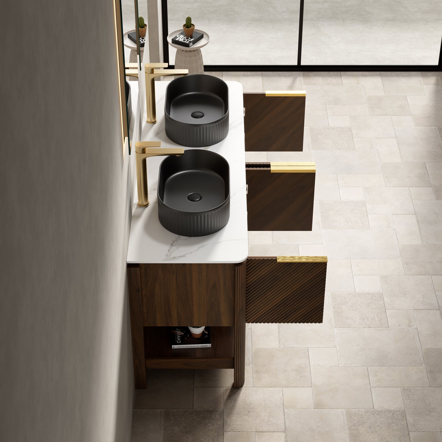 INDIGO 36" Bathroom Vanity&Sink, Freestanding Plywood Storage Cabinet with 2 Diagonal Striped Doors&Open Shelf, Black Striped Oval Ceramic Basin&Carrara White Sintered Stone Top, Dark Walnut Woodgrain