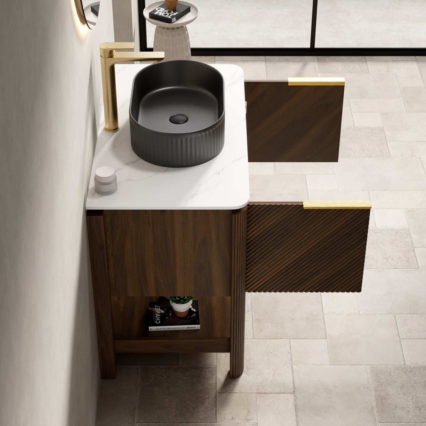 INDIGO 36" Bathroom Vanity&Sink, Freestanding Plywood Storage Cabinet with 2 Diagonal Striped Doors&Open Shelf, Black Striped Oval Ceramic Basin&Carrara White Sintered Stone Top, Dark Walnut Woodgrain