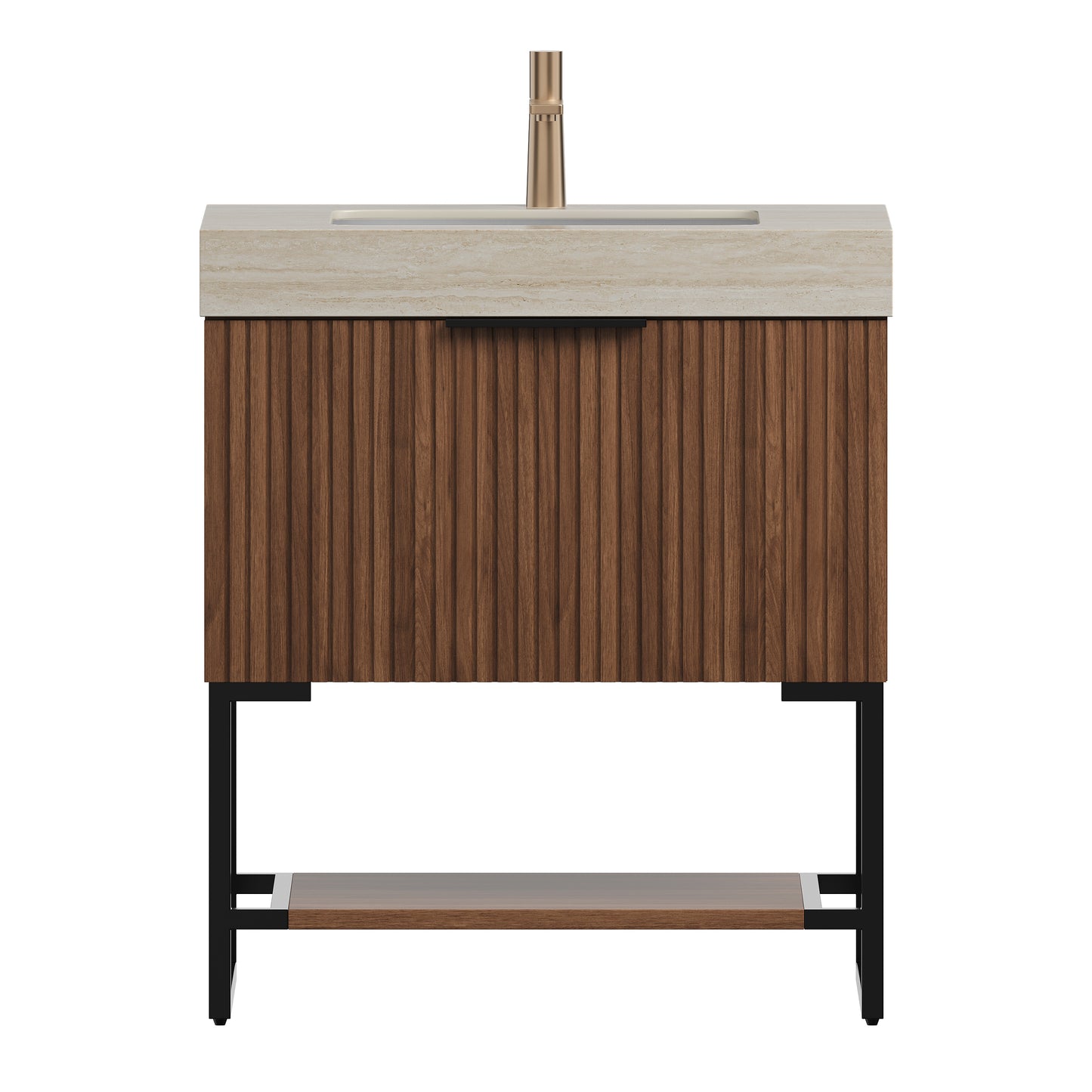 YOLAN 30" Bathroom Vanity&Sink, Freestanding Striped Plywood Storage Cabinet with Drawer&Open Shelf, Roma Travertine Sintered Stone Top&Undermount Ceramic Basin, Pre-assembled, Dark Walnut Woodgrain