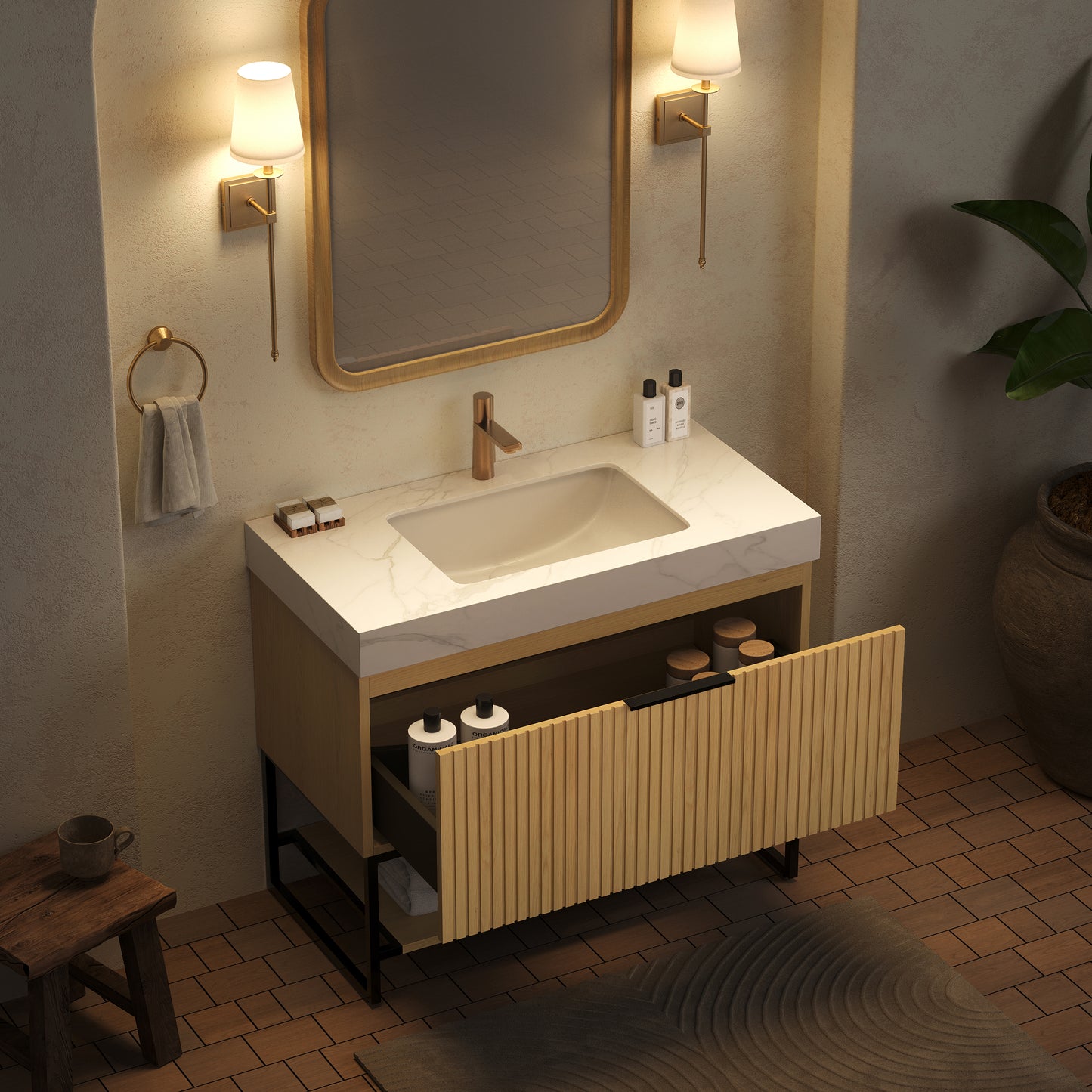 YOLAN 36" Badezimmer-Waschtisch und Waschbecken, freistehender gestreifter Sperrholz-Aufbewahrungsschrank mit Schublade und offenem Regal, Carrara-Weiß, Corolla-Eiche 