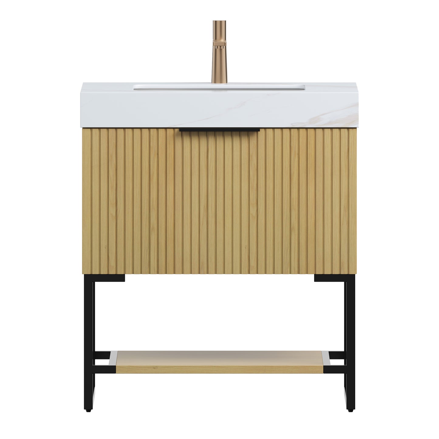 YOLAN 30" Bathroom Vanity&Sink, Freestanding Striped Plywood Storage Cabinet with Drawer&Open Shelf, Roma Travertine Sintered Stone Top&Undermount Ceramic Basin, Pre-assembled, Dark Walnut Woodgrain