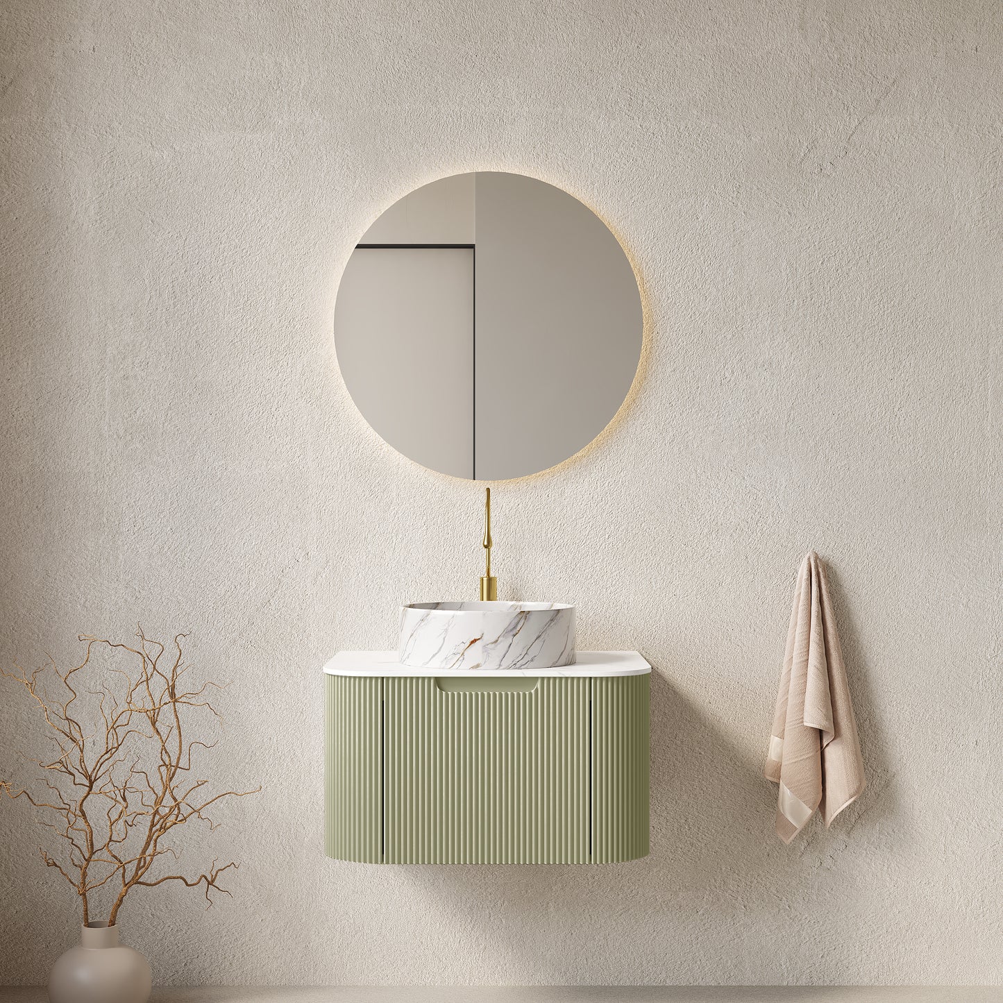 DINA 24" Bathroom Vanity with Sink, Wall-Mounted Floating Curved Edges Striped Bathroom Storage Cabinet with Drawer, White Round Ceramic Basin with Stone Pattern, Pre-assembled, Light Green Color