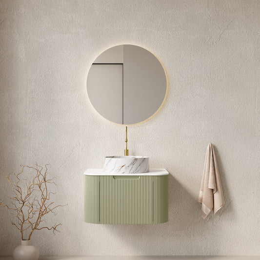 DINA 24" Bathroom Vanity with Sink, Wall-Mounted Floating Curved Edges Striped Bathroom Storage Cabinet with Drawer, White Round Ceramic Basin with Stone Pattern, Pre-assembled, Light Green Color