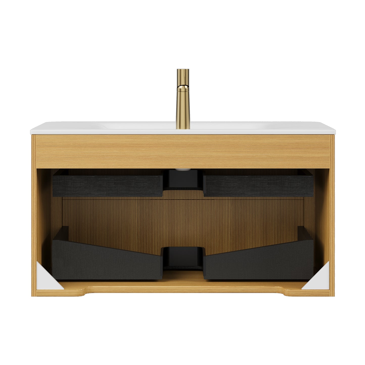 ZANE 36" Badezimmer-Waschtisch mit Waschbecken, schwebender Aufbewahrungsschrank aus Sperrholz mit ultra-Nadelstreifen und Schubladen, helle natürliche Holzmaserung