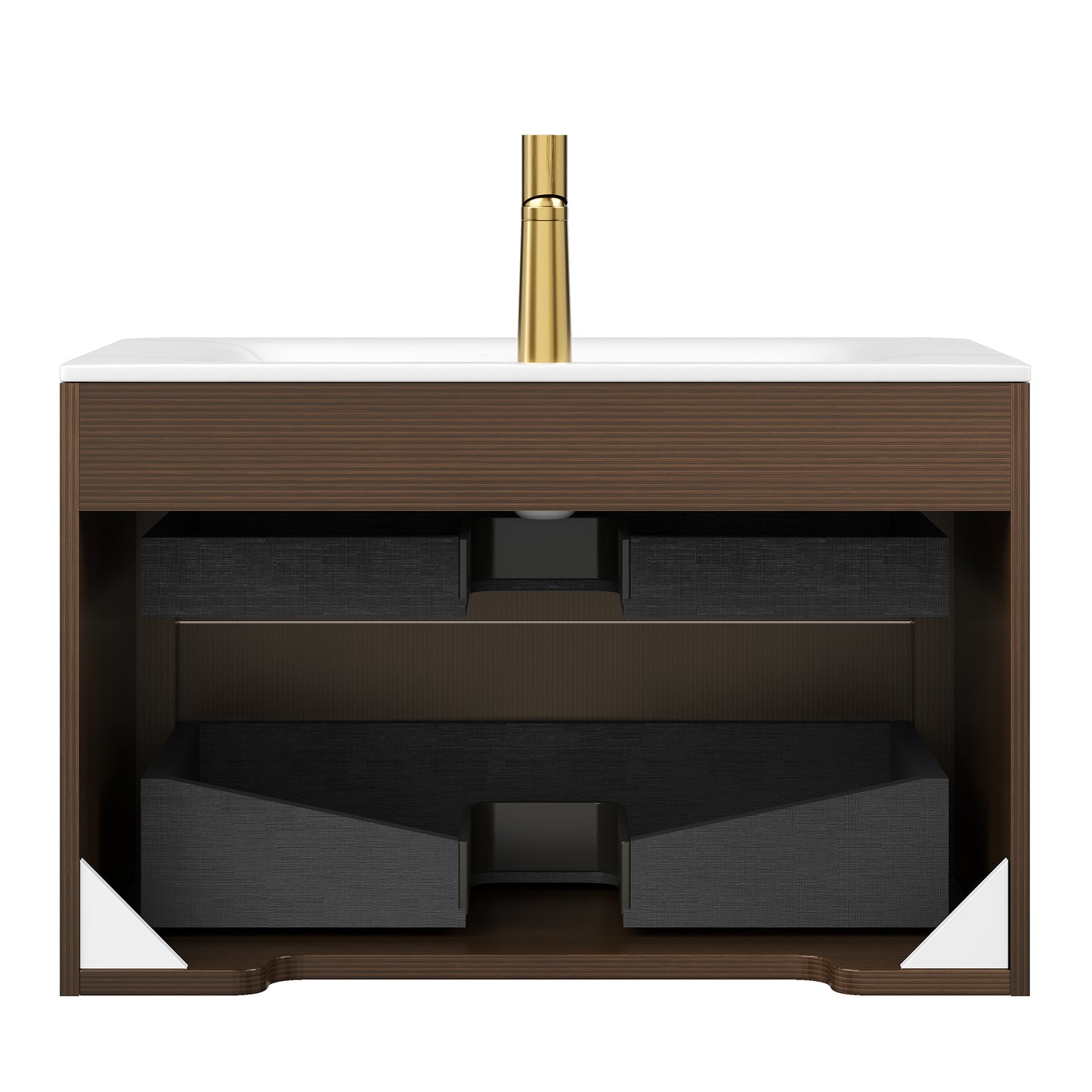 ZANE 30 Badezimmer-Waschtisch mit Waschbecken, schwebender Aufbewahrungsschrank aus Sperrholz mit ultra-Nadelstreifen und Schubladen, italienische Walnussholzmaserung