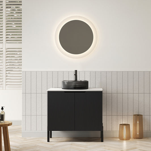 TURIO 24" Bathroom Vanity with Sink, Freestanding Bathroom Storage Cabinet with 2 Doors, Transparent Black Round Glass Basin and Carrara White Sintered Stone Countertop, No Faucet, Black Color