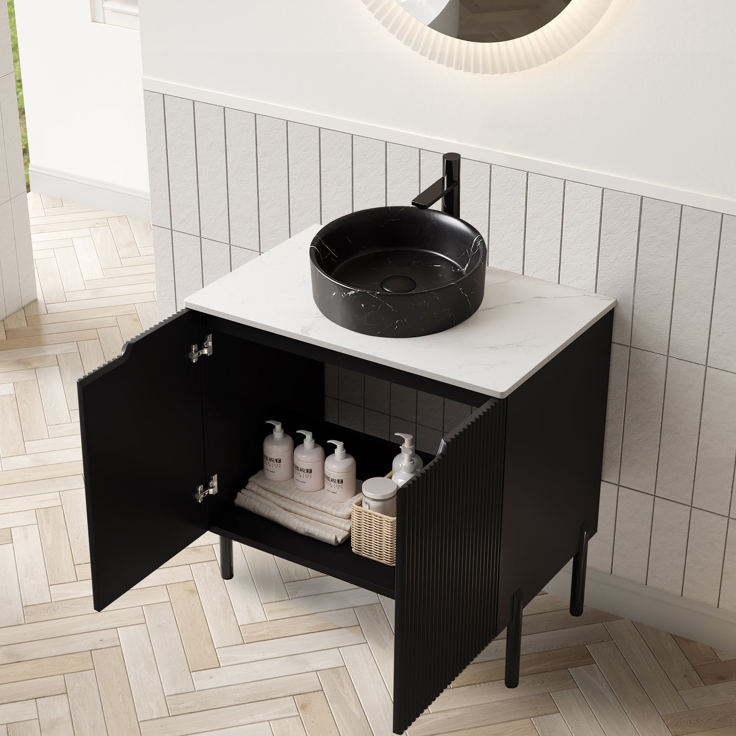 TURIO 24" Bathroom Vanity with Sink, Freestanding Bathroom Storage Cabinet with 2 Doors, Transparent Black Round Glass Basin and Carrara White Sintered Stone Countertop, No Faucet, Black Color