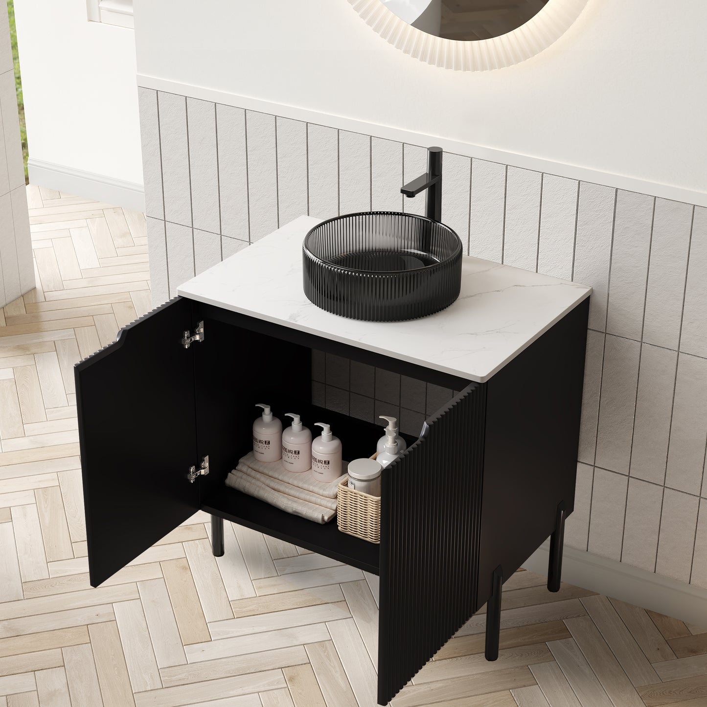 TURIO 24" Bathroom Vanity with Sink, Freestanding Bathroom Storage Cabinet with 2 Doors, Transparent Black Round Glass Basin and Carrara White Sintered Stone Countertop, No Faucet, Black Color