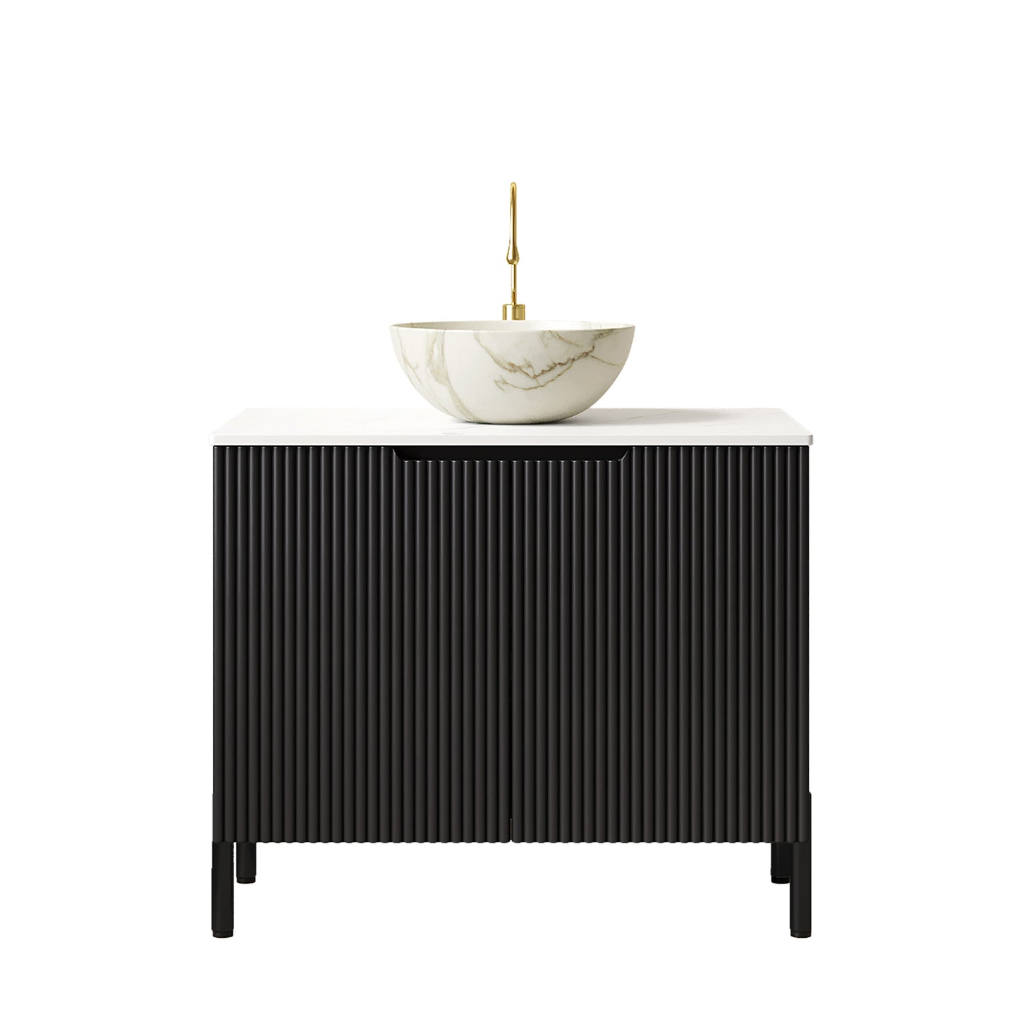 TURIO 24" Bathroom Vanity with Sink, Freestanding Bathroom Storage Cabinet with 2 Doors, Transparent Black Round Glass Basin and Carrara White Sintered Stone Countertop, No Faucet, Black Color