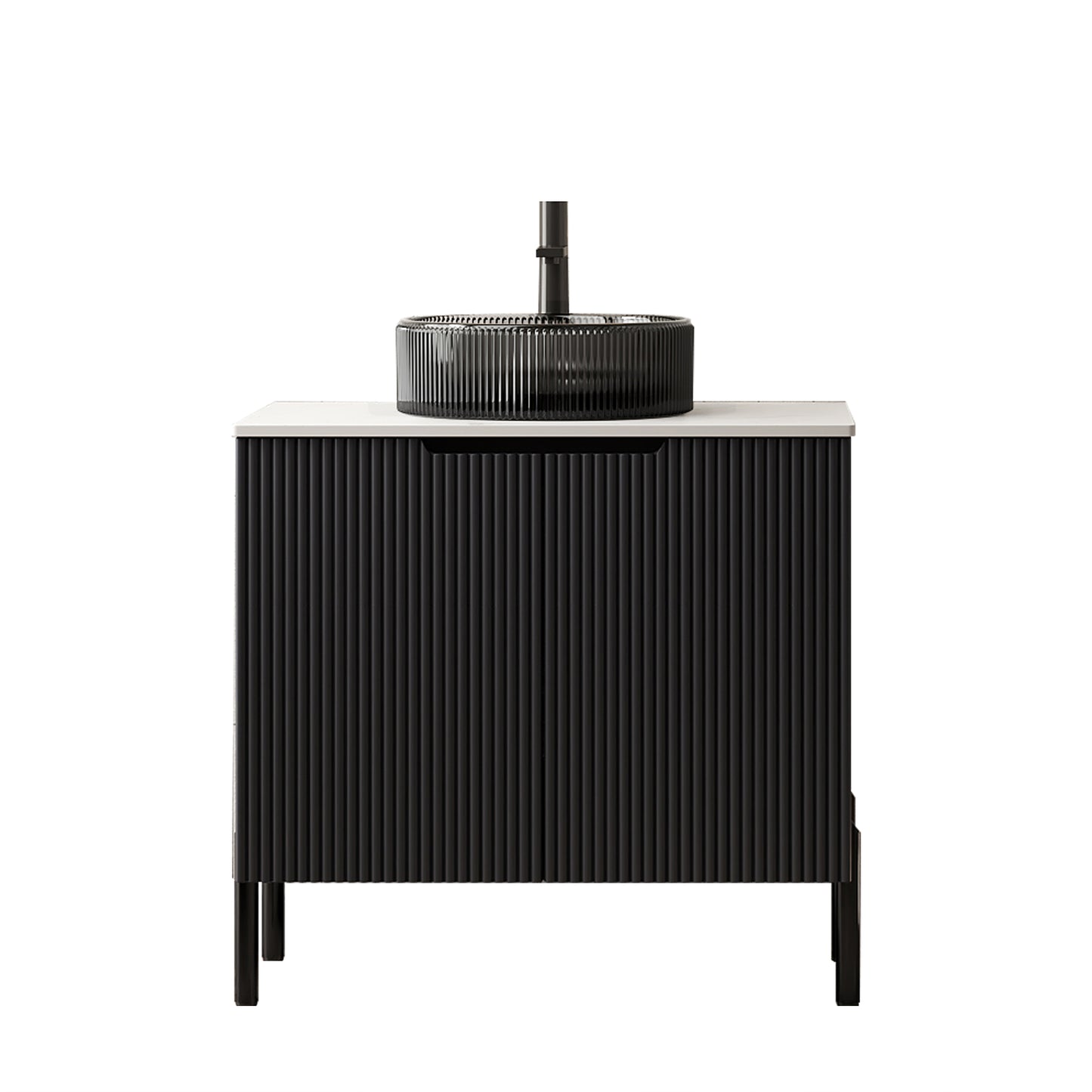 TURIO 24" Bathroom Vanity with Sink, Freestanding Bathroom Storage Cabinet with 2 Doors, Transparent Black Round Glass Basin and Carrara White Sintered Stone Countertop, No Faucet, Black Color