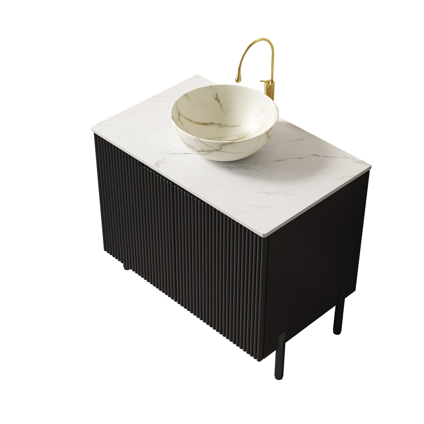 TURIO 24" Bathroom Vanity with Sink, Freestanding Bathroom Storage Cabinet with 2 Doors, Transparent Black Round Glass Basin and Carrara White Sintered Stone Countertop, No Faucet, Black Color