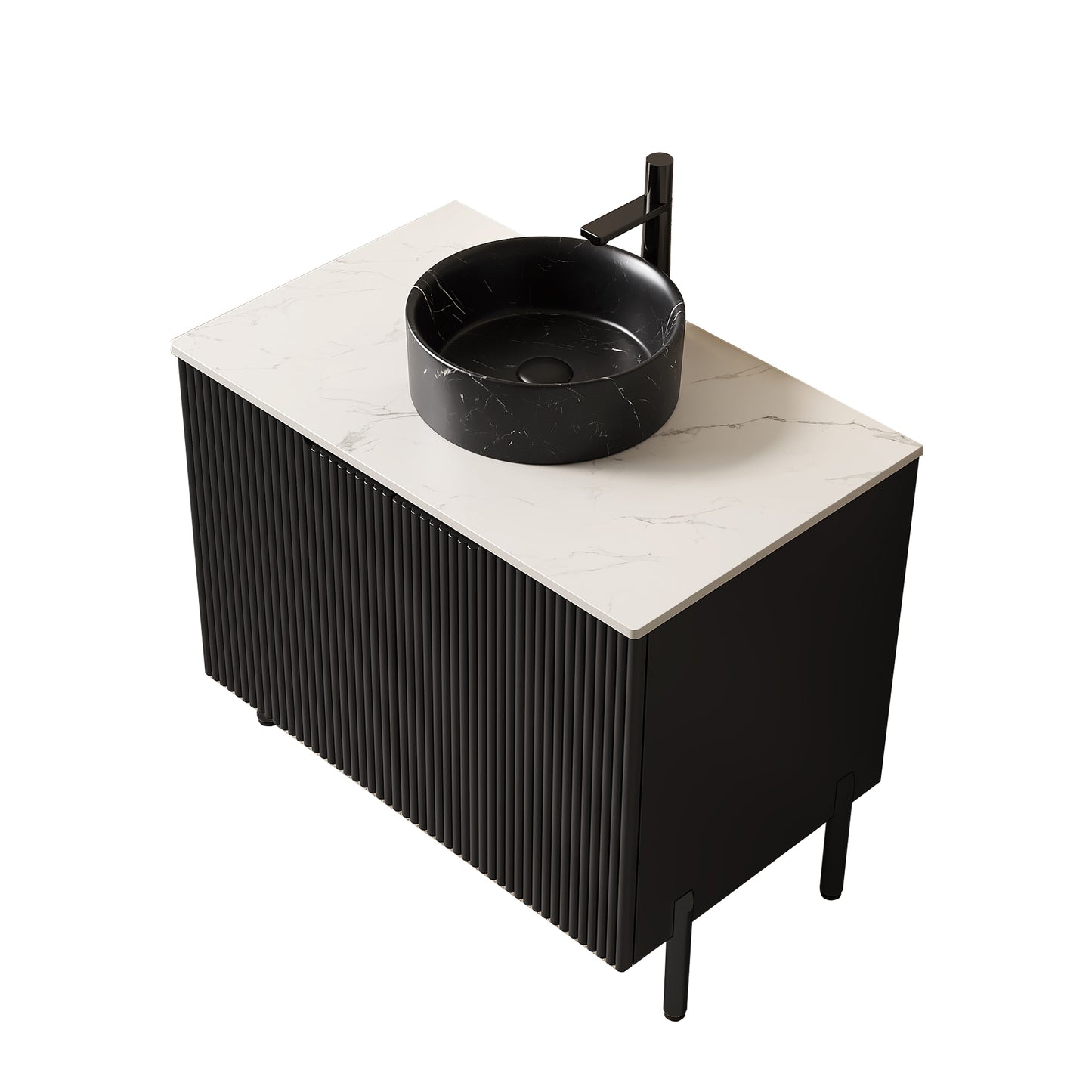 TURIO 24" Bathroom Vanity with Sink, Freestanding Bathroom Storage Cabinet with 2 Doors, Transparent Black Round Glass Basin and Carrara White Sintered Stone Countertop, No Faucet, Black Color