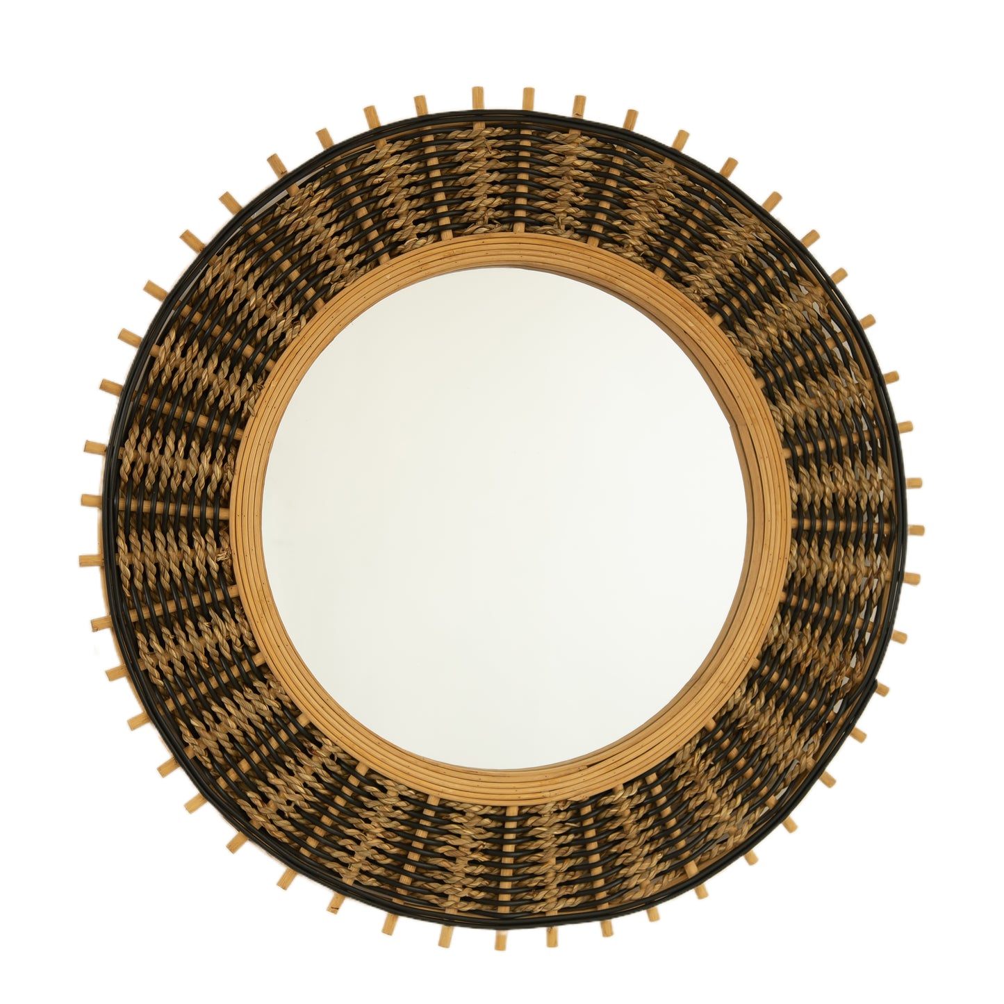 23'' Echo Mirror, Bamboo Round Art Wall Mirror with Light Yellow and Black Hemp Ropes, Suitable for Bathroom, Bedroom, Living Room