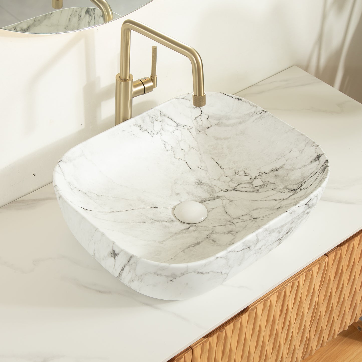 SHARMA 60" Bathroom Vanity&Sinks, Freestanding Plywood Storage Cabinet with 4 Bamboo Texture Doors&Open Shelf, 2 Marble Pattern Ceramic Basins&Carrara White Sintered Stone Top, Woodgrain Color