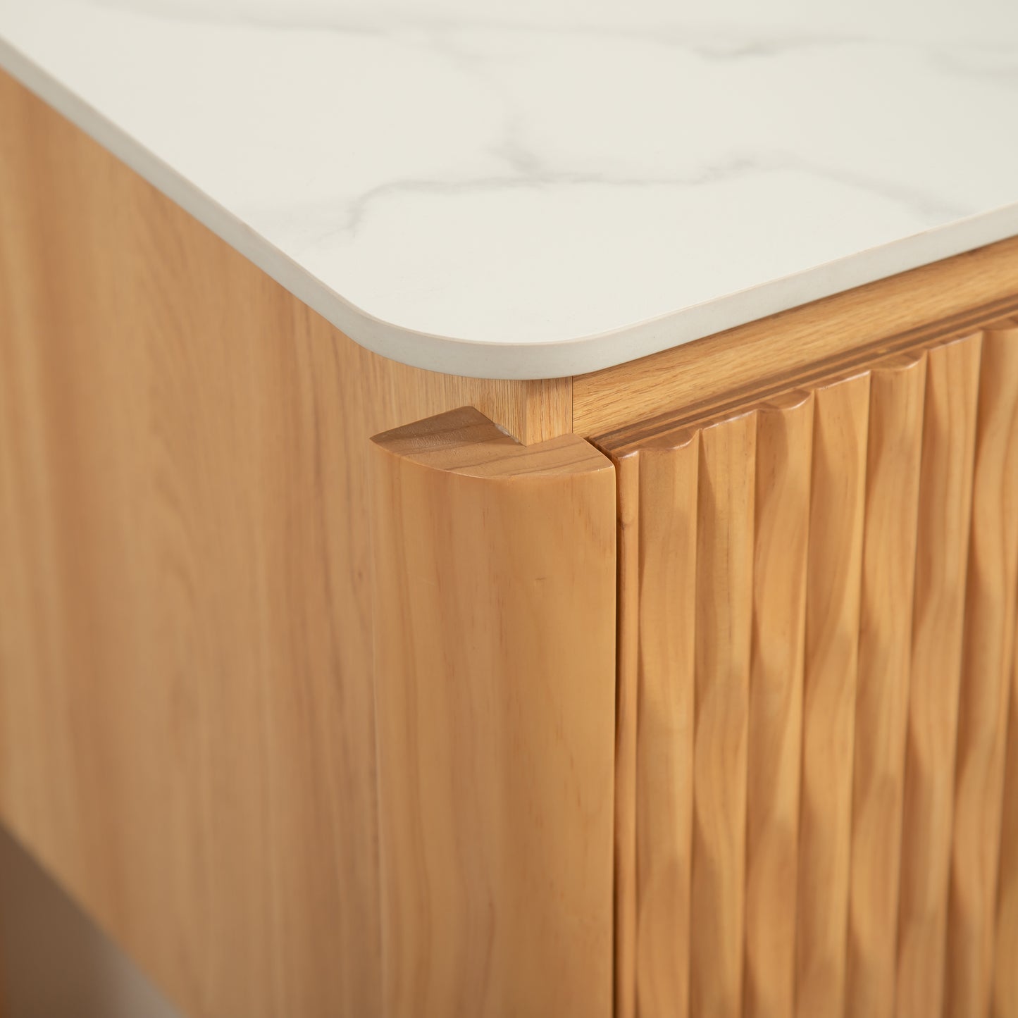 SHARMA 60" Bathroom Vanity&Sinks, Freestanding Plywood Storage Cabinet with 4 Bamboo Texture Doors&Open Shelf, 2 Marble Pattern Ceramic Basins&Carrara White Sintered Stone Top, Woodgrain Color