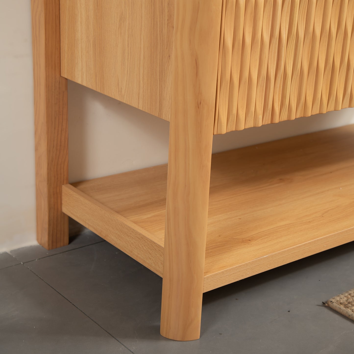 SHARMA 60" Bathroom Vanity&Sinks, Freestanding Plywood Storage Cabinet with 4 Bamboo Texture Doors&Open Shelf, 2 Marble Pattern Ceramic Basins&Carrara White Sintered Stone Top, Woodgrain Color