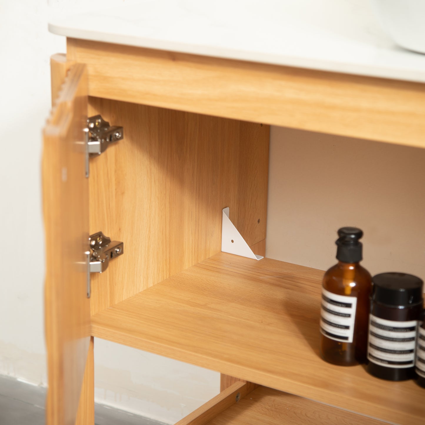 SHARMA 60" Bathroom Vanity&Sinks, Freestanding Plywood Storage Cabinet with 4 Bamboo Texture Doors&Open Shelf, 2 Marble Pattern Ceramic Basins&Carrara White Sintered Stone Top, Woodgrain Color