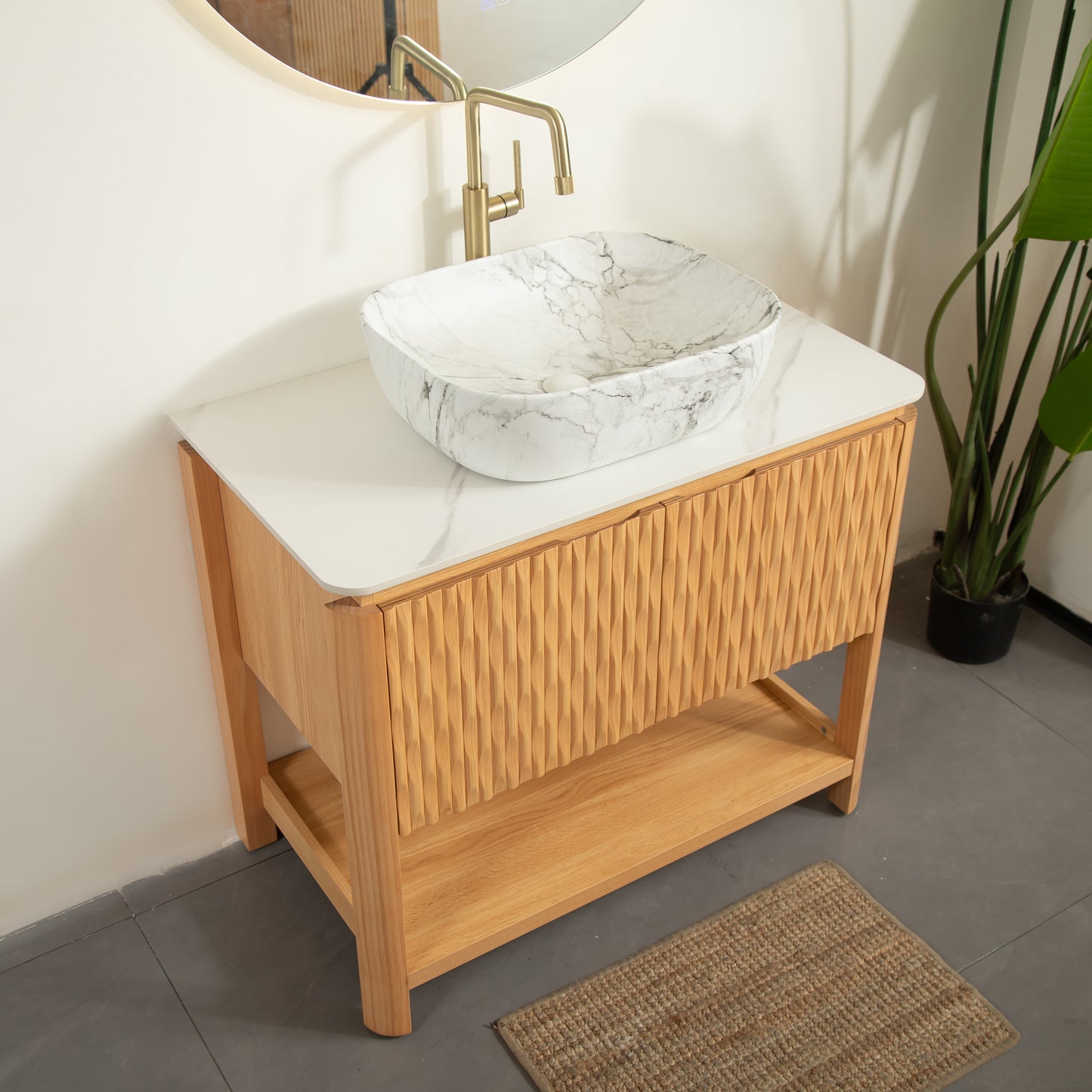 SHARMA 60" Bathroom Vanity&Sinks, Freestanding Plywood Storage Cabinet with 4 Bamboo Texture Doors&Open Shelf, 2 Marble Pattern Ceramic Basins&Carrara White Sintered Stone Top, Woodgrain Color