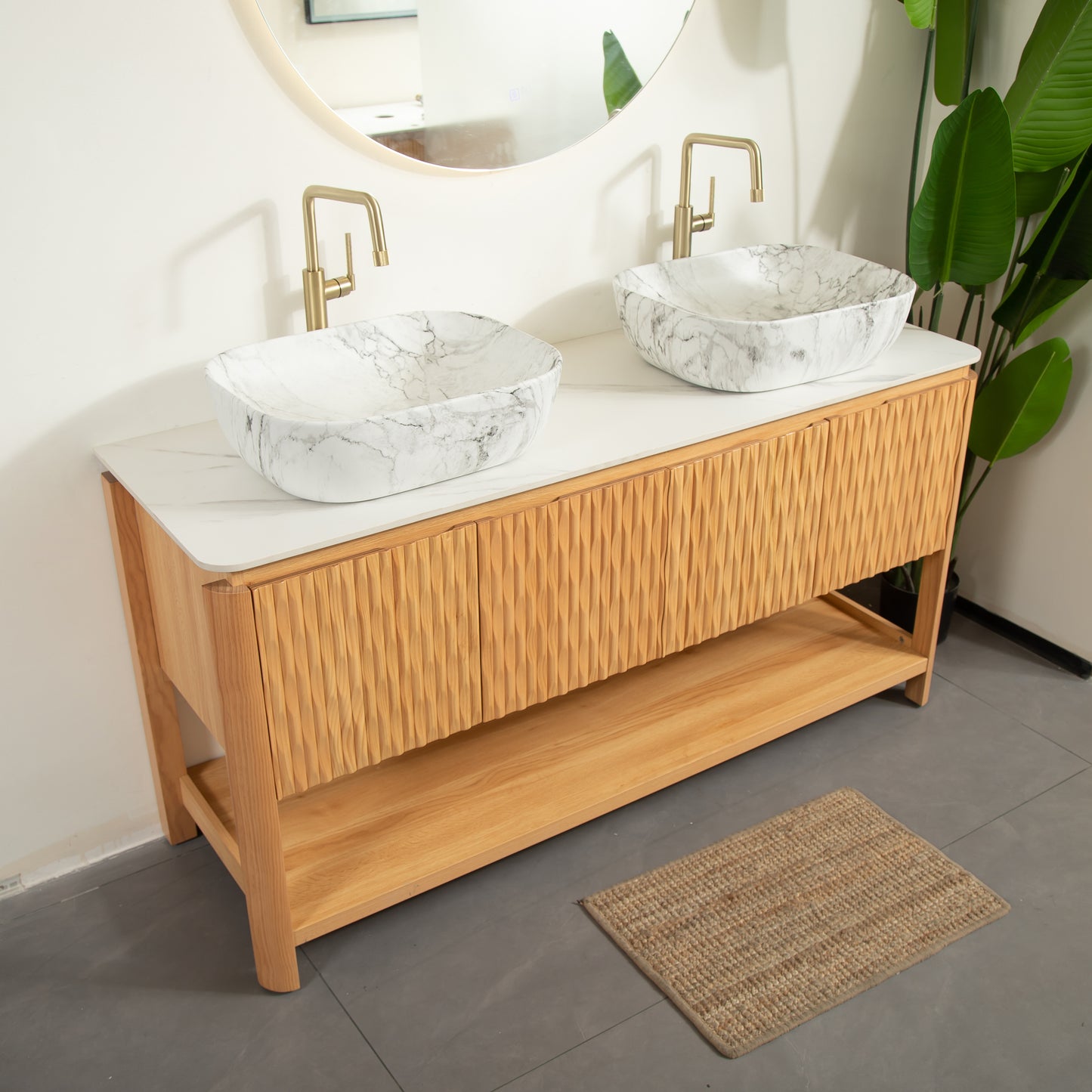 SHARMA 60" Bathroom Vanity&Sinks, Freestanding Plywood Storage Cabinet with 4 Bamboo Texture Doors&Open Shelf, 2 Marble Pattern Ceramic Basins&Carrara White Sintered Stone Top, Woodgrain Color