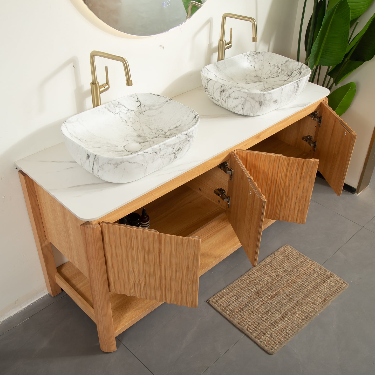 SHARMA 60" Bathroom Vanity&Sinks, Freestanding Plywood Storage Cabinet with 4 Bamboo Texture Doors&Open Shelf, 2 Marble Pattern Ceramic Basins&Carrara White Sintered Stone Top, Woodgrain Color