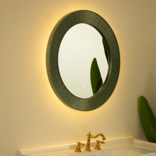 31'' Cyclis Mirror, Thick Green Frame PU Art Decorative Mirror, Three Color Temperatures are Available, Suitable for Bathroom, Bedroom, Living Room, Corridor, Entryway, etc.