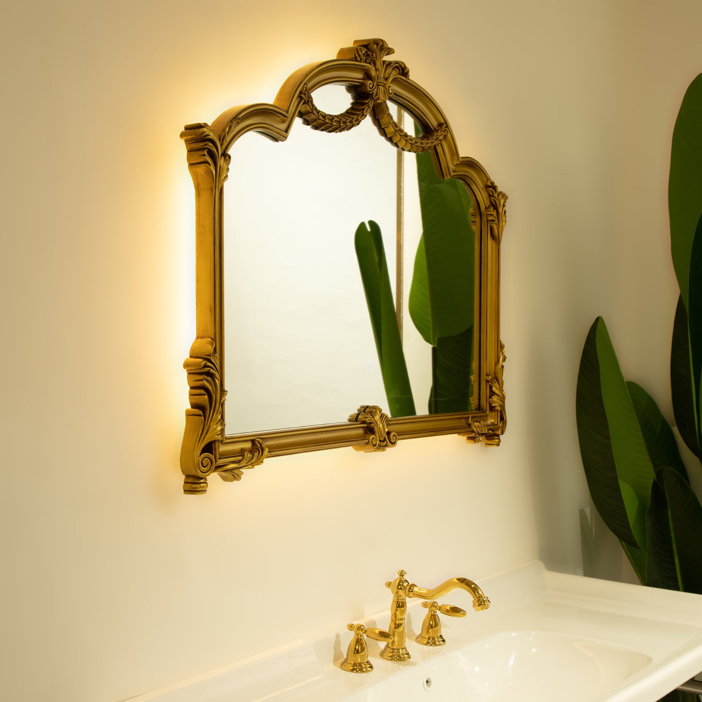 35'' VITI Mirror, Baroque Revival Style PU Mirror with An Ornate Golden Frame, Suitable for Bathroom, Bedroom, Living Room, Corridor, Entryway, etc.
