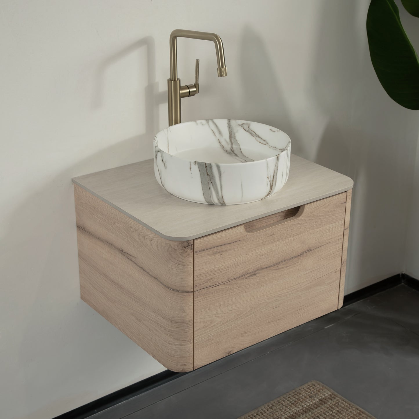 XAI 36" Badezimmerwaschtisch mit Waschbecken, schwebender Sperrholz-Aufbewahrungsschrank mit Schublade, Keramikwaschbecken mit Steinmuster