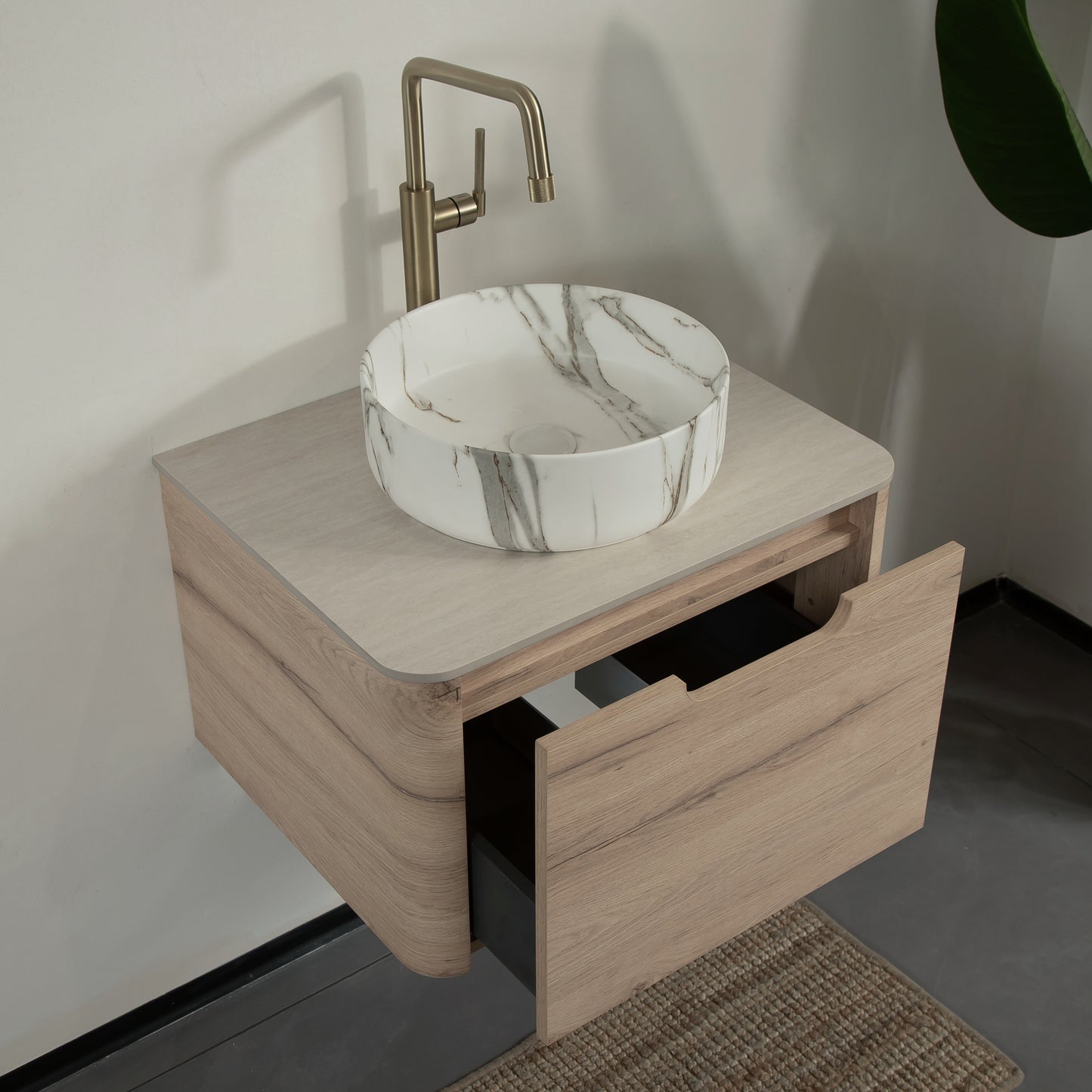 XAI 36" Badezimmerwaschtisch mit Waschbecken, schwebender Sperrholz-Aufbewahrungsschrank mit Schublade, Keramikwaschbecken mit Steinmuster