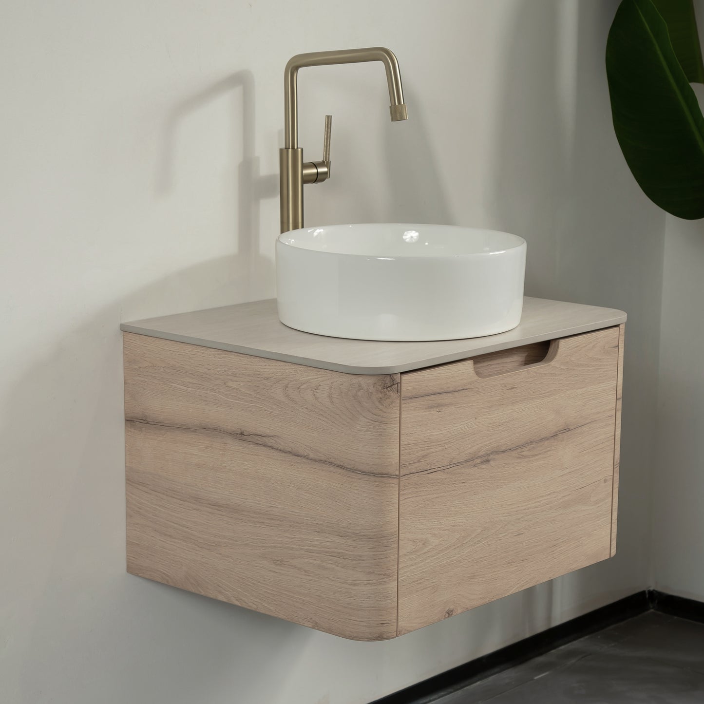 XAI 36" Badezimmerwaschtisch mit Waschbecken, Wandmontierter Sperrholzschrank mit Schublade, Weißes rundes Keramikbecken