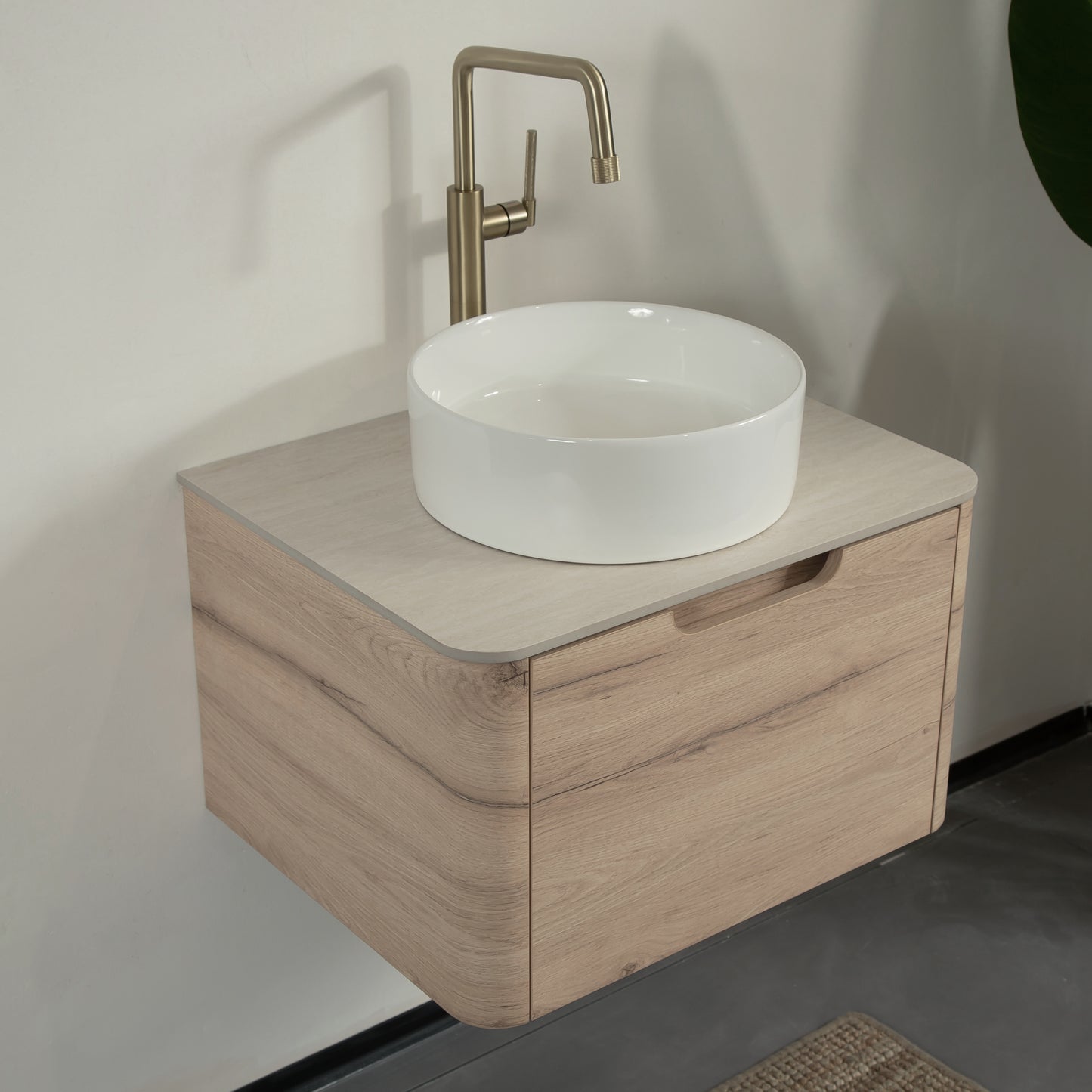 XAI 36" Badezimmerwaschtisch mit Waschbecken, Wandmontierter Sperrholzschrank mit Schublade, Weißes rundes Keramikbecken