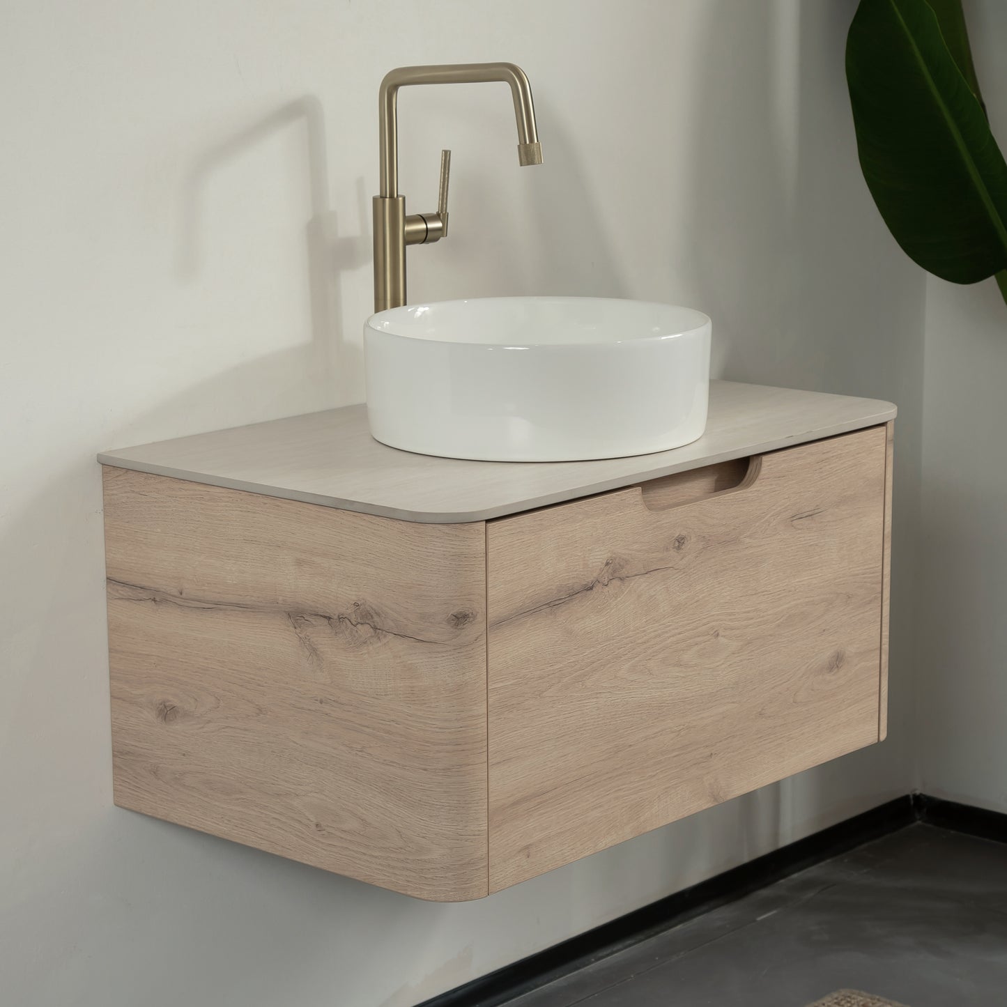 XAI 36" Badezimmerwaschtisch mit Waschbecken, Wandmontierter Sperrholzschrank mit Schublade, Weißes rundes Keramikbecken