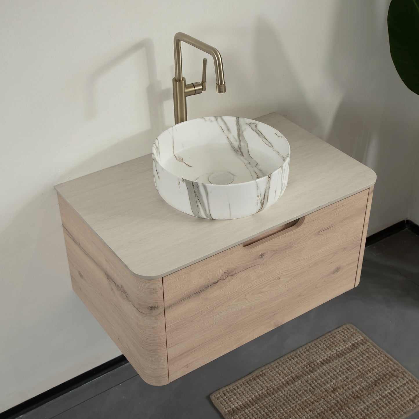 XAI 36" Badezimmerwaschtisch mit Waschbecken, schwebender Sperrholz-Aufbewahrungsschrank mit Schublade, Keramikwaschbecken mit Steinmuster