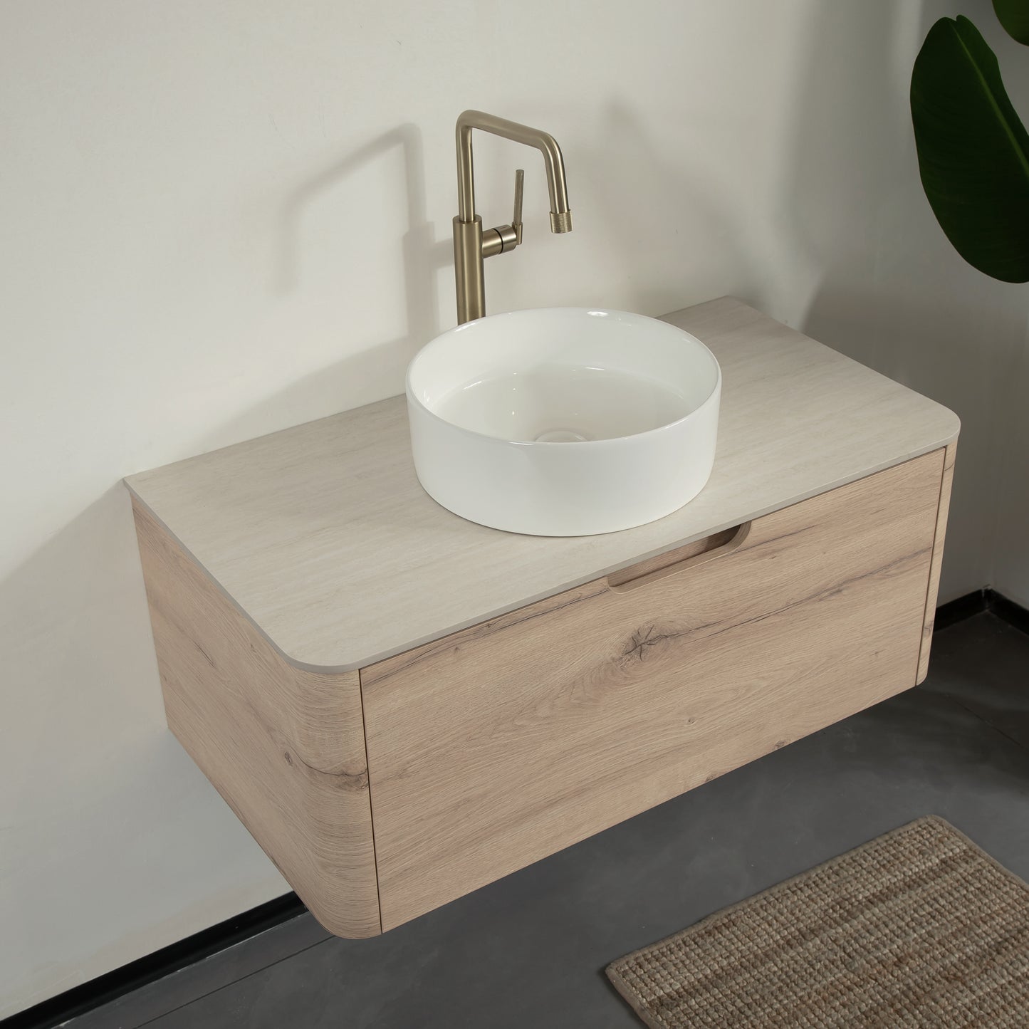 XAI 36" Badezimmerwaschtisch mit Waschbecken, Wandmontierter Sperrholzschrank mit Schublade, Weißes rundes Keramikbecken