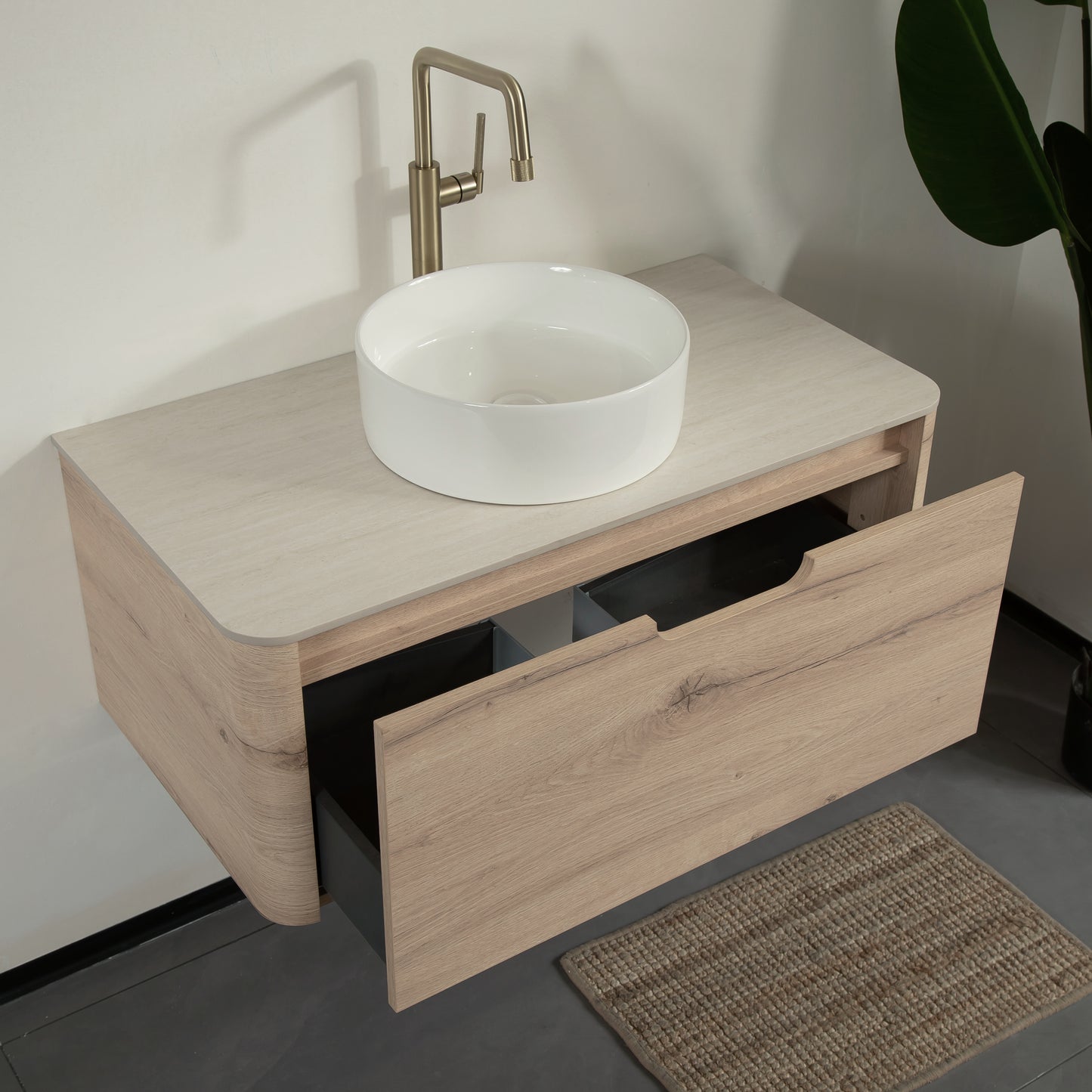 XAI 36" Badezimmerwaschtisch mit Waschbecken, Wandmontierter Sperrholzschrank mit Schublade, Weißes rundes Keramikbecken