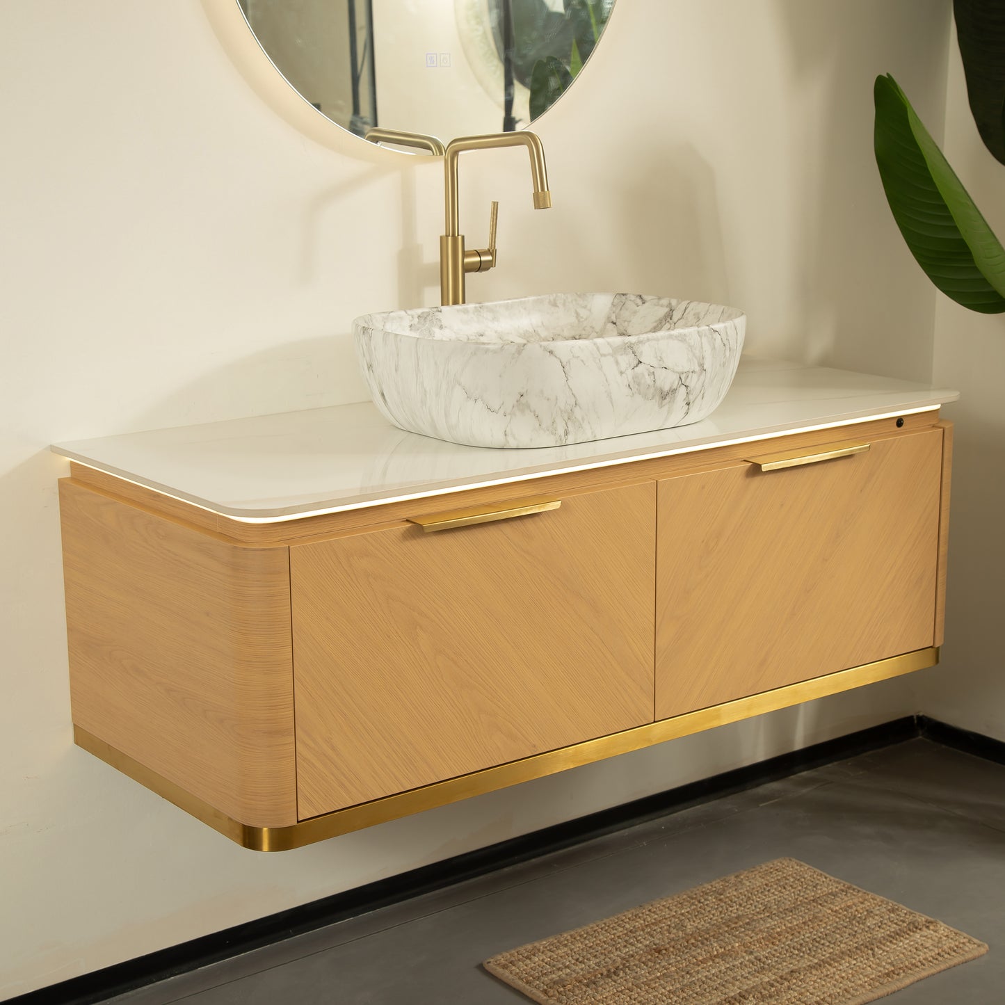 DIPA 60" Badezimmer-Waschtisch und Waschbecken, schwebender Sperrholz-Aufbewahrungsschrank mit 2 Schubladen, Sintersteinplatte