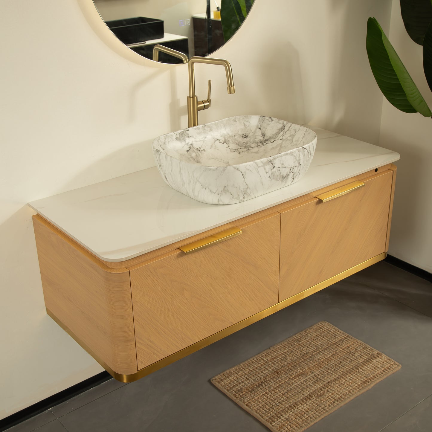 DIPA 60" Badezimmer-Waschtisch und Waschbecken, schwebender Sperrholz-Aufbewahrungsschrank mit 2 Schubladen, Sintersteinplatte