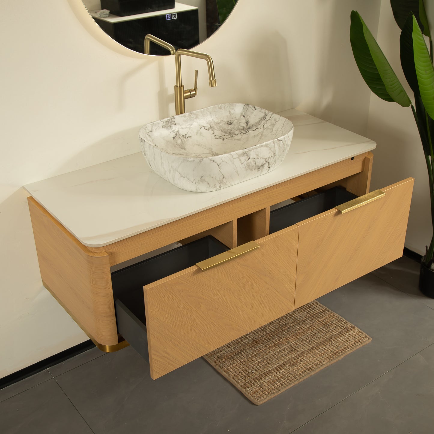 DIPA 60" Badezimmer-Waschtisch und Waschbecken, schwebender Sperrholz-Aufbewahrungsschrank mit 2 Schubladen, Sintersteinplatte