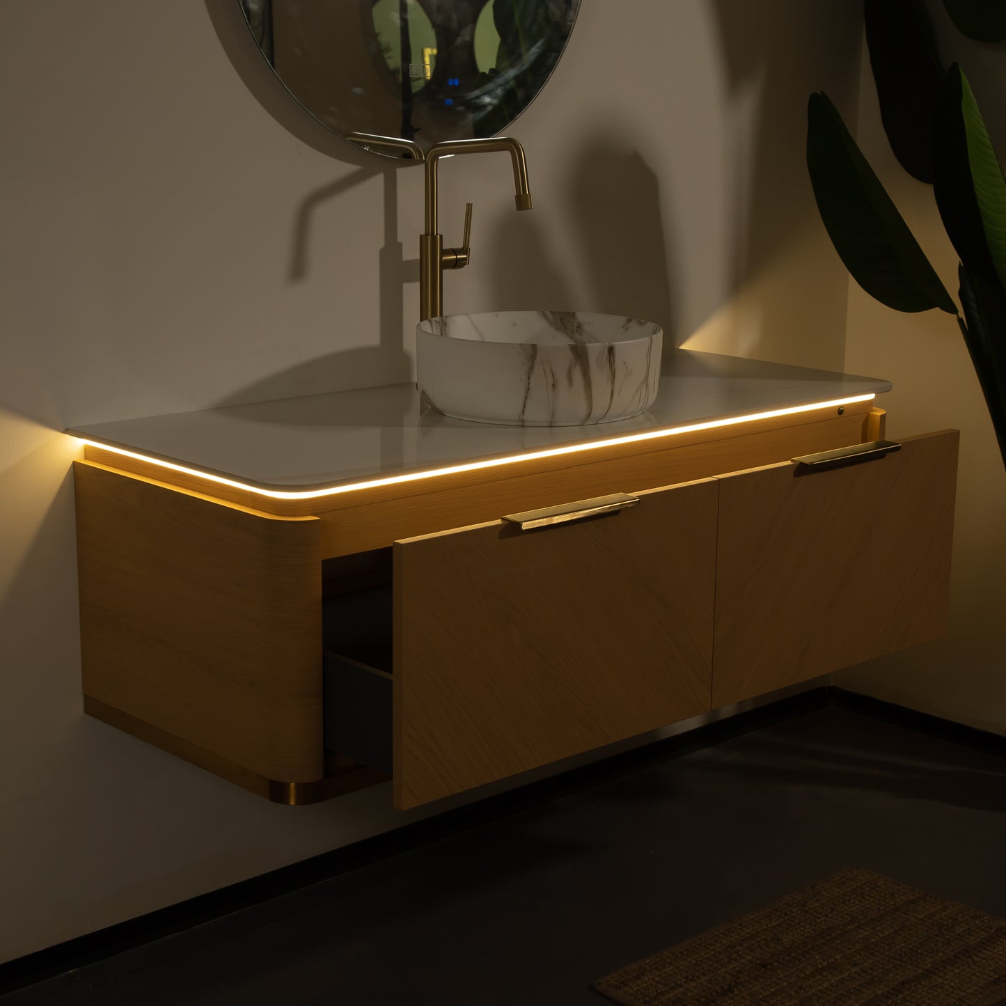 DIPA 60" Badezimmer-Waschtisch und Waschbecken, schwebender Sperrholz-Aufbewahrungsschrank mit Schublade, Eichenholzmaserung