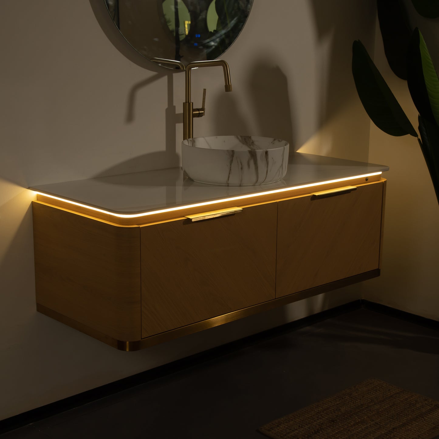 DIPA 60" Badezimmer-Waschtisch und Waschbecken, schwebender Sperrholz-Aufbewahrungsschrank mit Schublade, Eichenholzmaserung