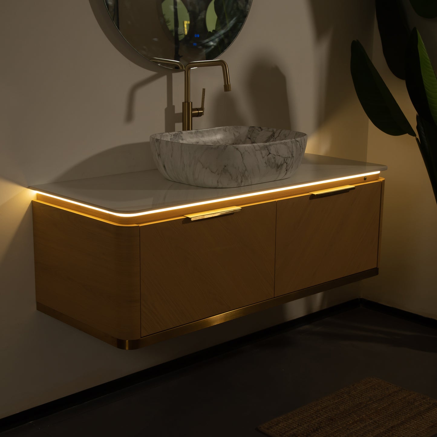 DIPA 60" Badezimmer-Waschtisch und Waschbecken, schwebender Sperrholz-Aufbewahrungsschrank mit Schublade, Eichenholzmaserung